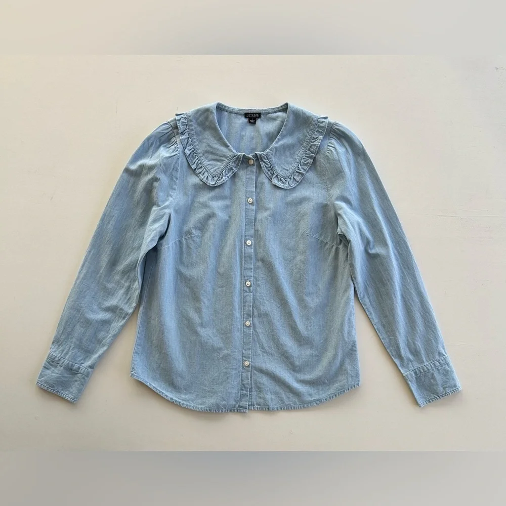 J Crew Blue Chambray Shirt Ruffle Peter Pan Collar Long Sleeve Women's Size 4 - Picture 2 of 15